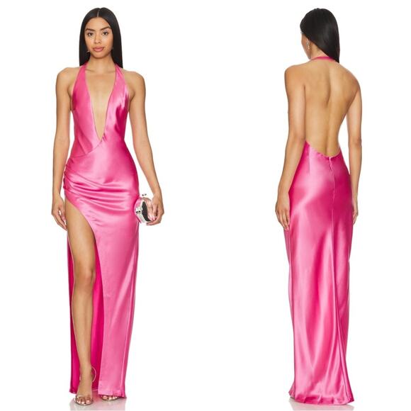 Retrofete Valeria Halterneck Open Back High Slit Maxi Dress in Candy Pink Sz L - Picture 1 of 8